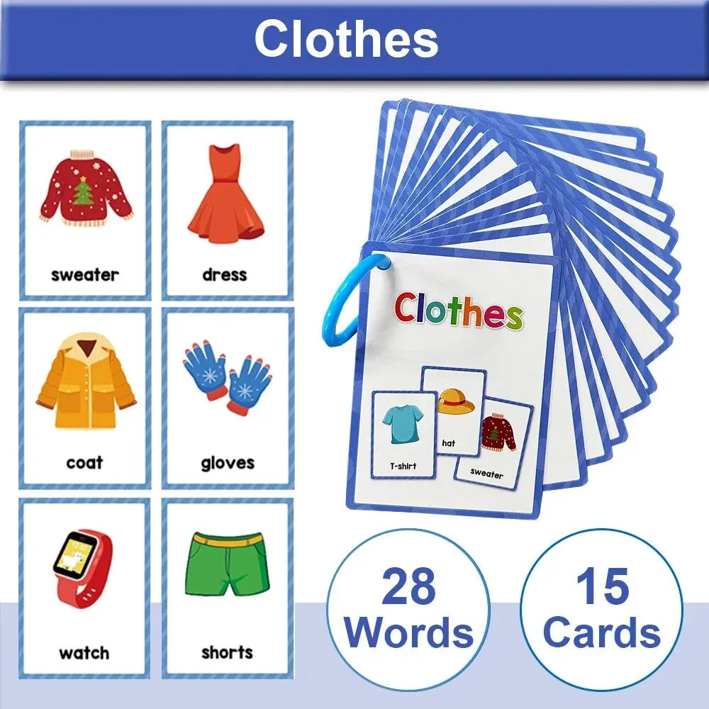A set of 15 English vocabulary flash cards featuring clothing items like sweaters, dresses, coats, gloves, shirts, and shorts