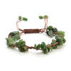 A set of natural green crystal chip stone braided bracelets made from macrame and quartz.
