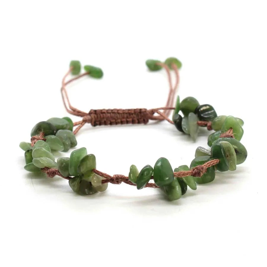 A set of natural green crystal chip stone braided bracelets made from macrame and quartz.