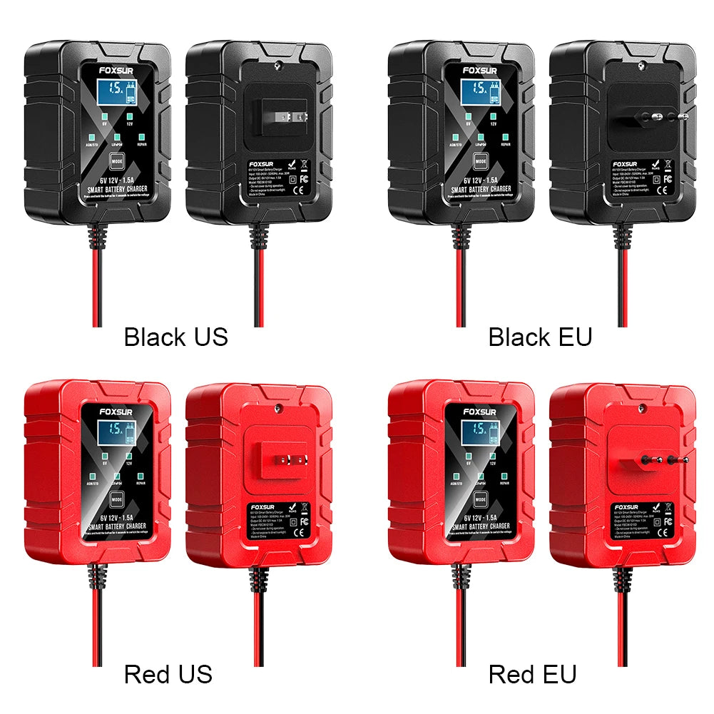 Four versions of a smart battery maintainer and trickle charger in black and red for US and EU markets.
