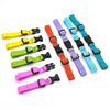 A collection of colorful adjustable backpack chest straps in various shades including yellow, green, purple, and blue.