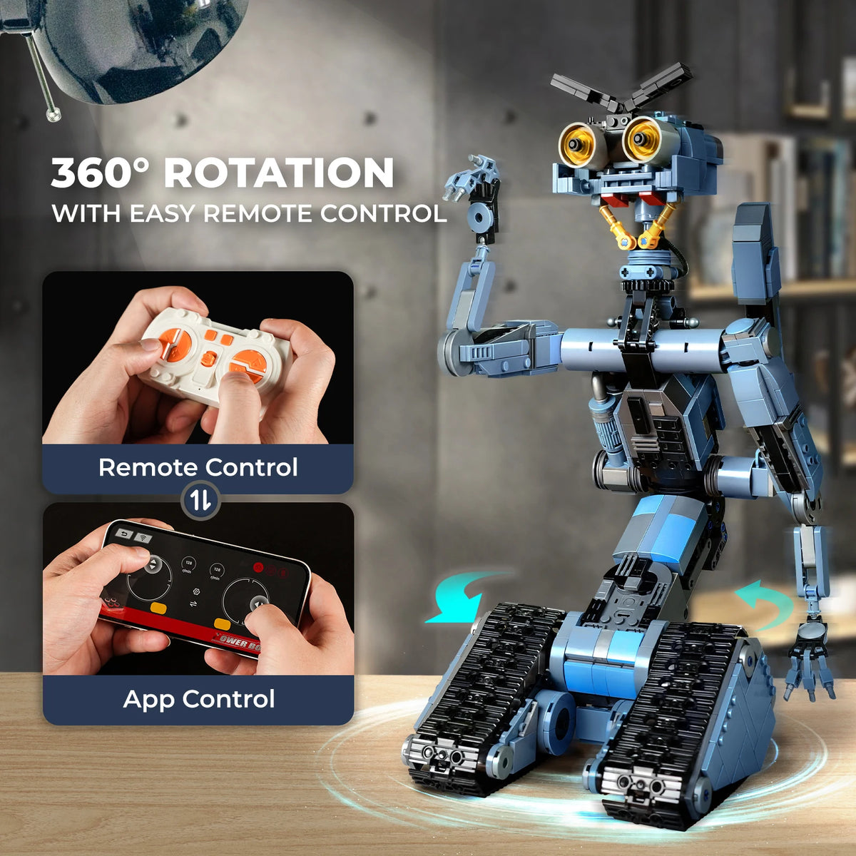 A blue and silver Johnny 5 robot with a camera, shown alongside remote control and app control options.