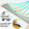 A silicone squeegee broom with a long adjustable handle is shown, demonstrating its ability to clean dust without raising it.