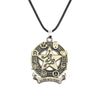 A silver pendant necklace featuring a star design with the initials AB and surrounding decorative elements.