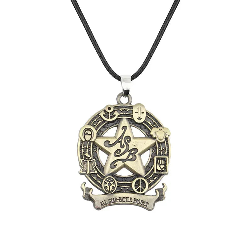 A silver pendant necklace featuring a star design with the initials AB and surrounding decorative elements.