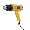 Yellow heat gun with a detachable nozzle and cord against a black background.