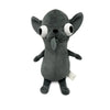 A gray plush chihuahua dog keychain pendant with large eyes and floppy ears.