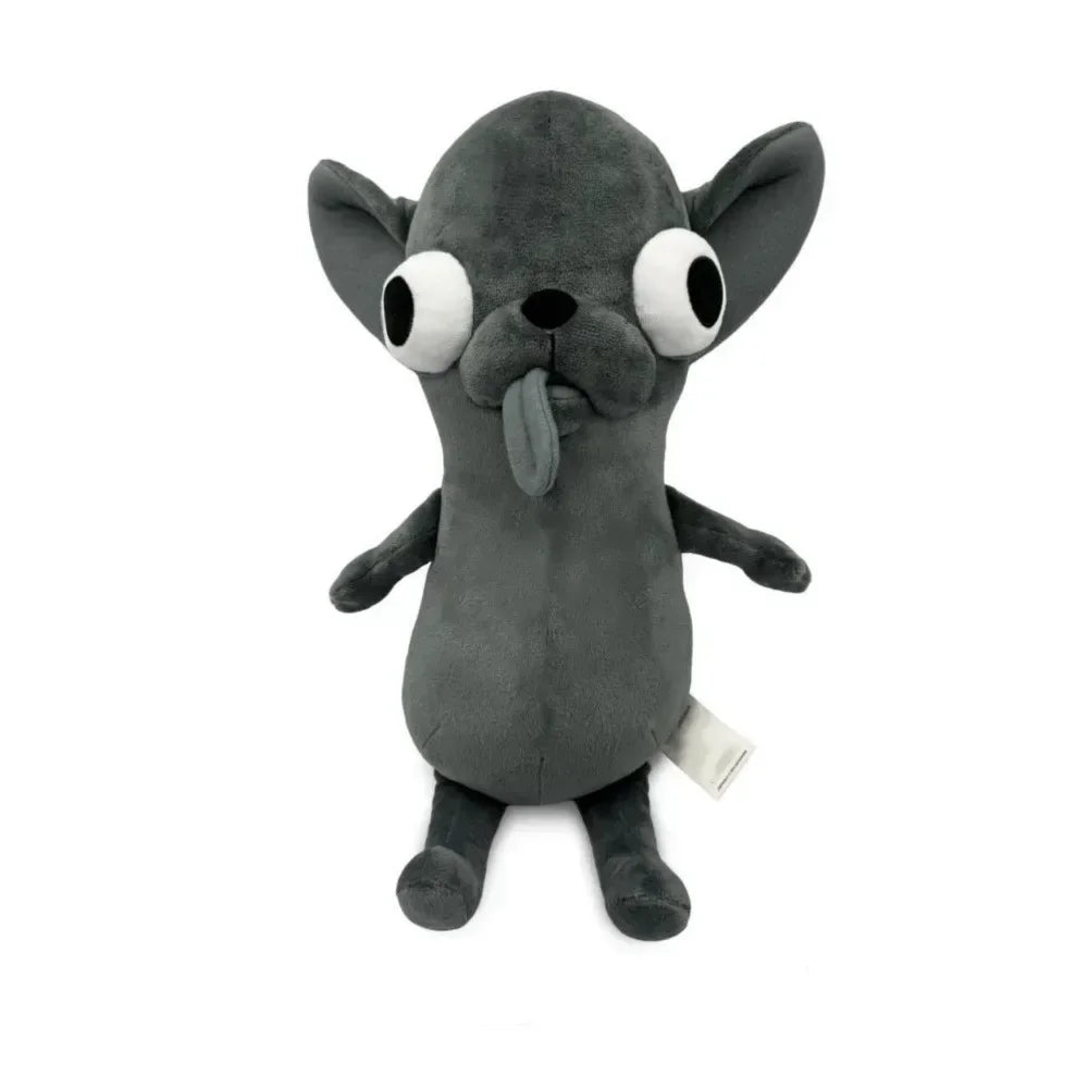 A gray plush chihuahua dog keychain pendant with large eyes and floppy ears.