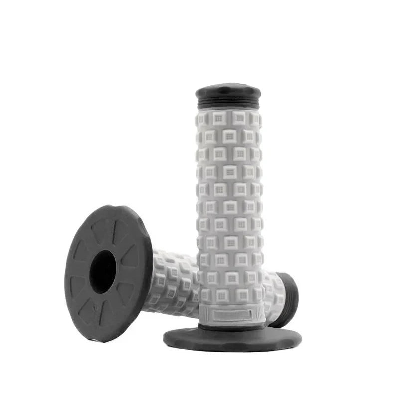 A close-up view of motorcycle pillow top grips for handlebars, showing the textured grip surface and black end caps.