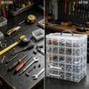A clear plastic storage organizer box filled with various hardware and small parts like screws, nails, and tools.