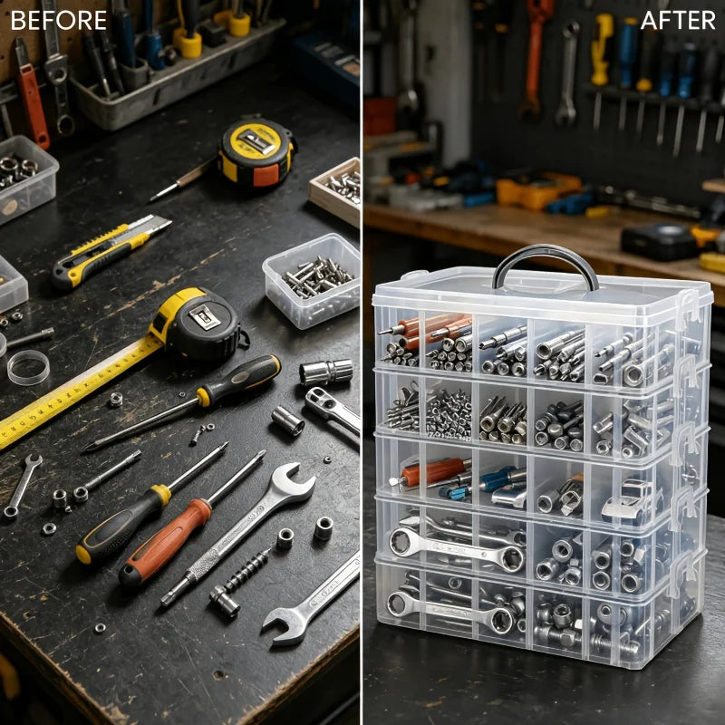 A clear plastic storage organizer box filled with various hardware and small parts like screws, nails, and tools.