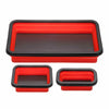 A set of three red and black collapsible magnetic parts trays.