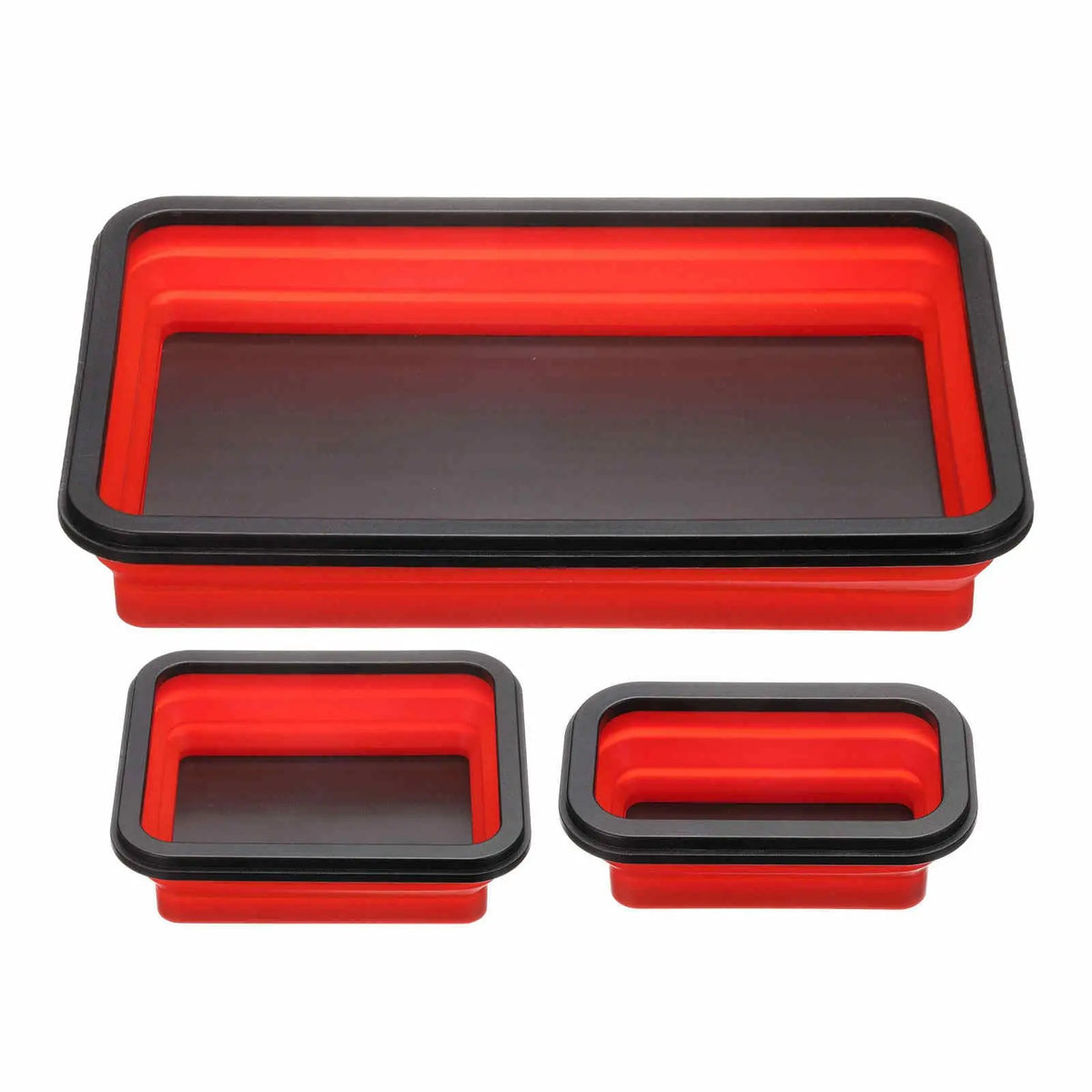 A set of three red and black collapsible magnetic parts trays.