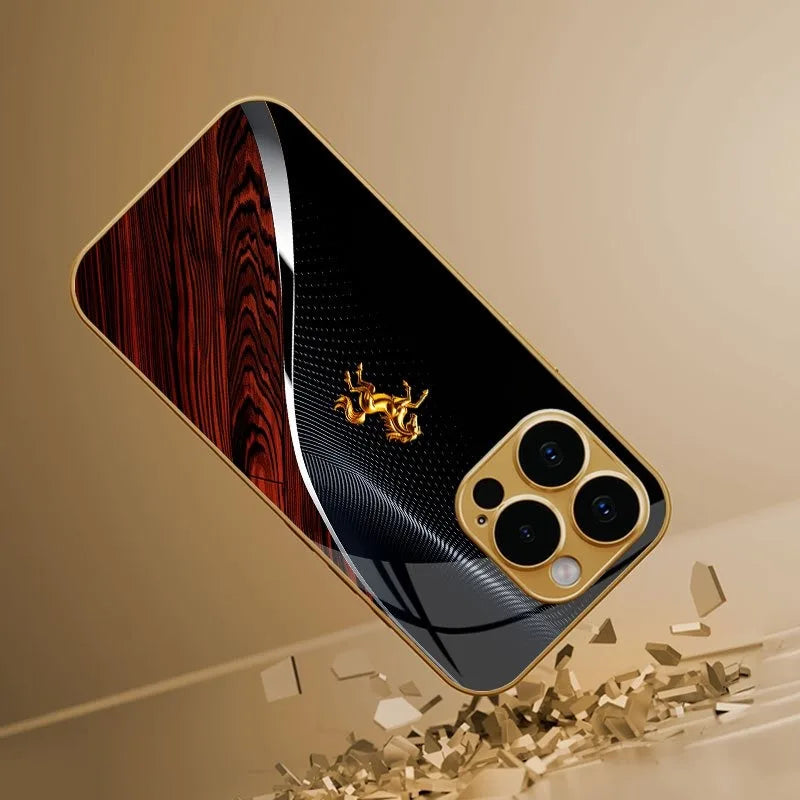 A golden horse art glass phone case with a metallic gold finish displayed against a neutral background.