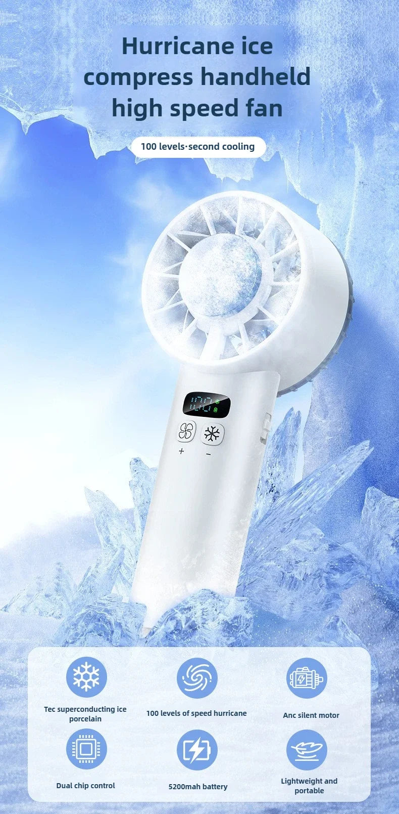 Portable High-Speed Rechargeable Handheld Fan with LED Display