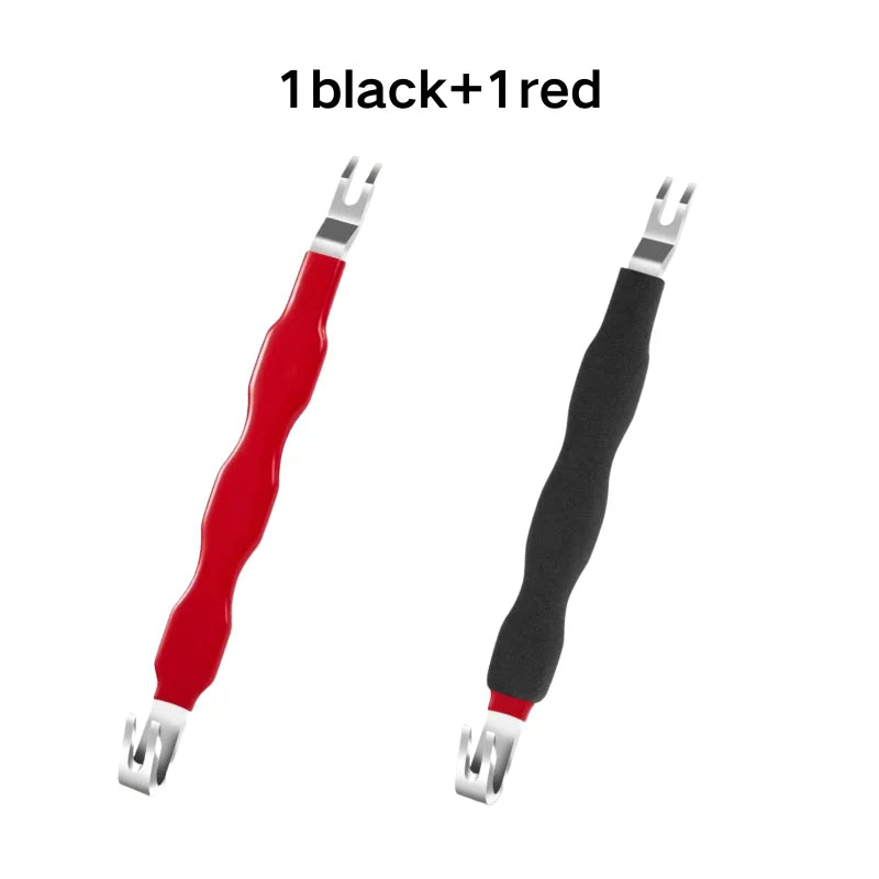 Ein Paar universeller elektrischer Anschlusswerkzeuge für Autos, eines schwarz und eines rot.