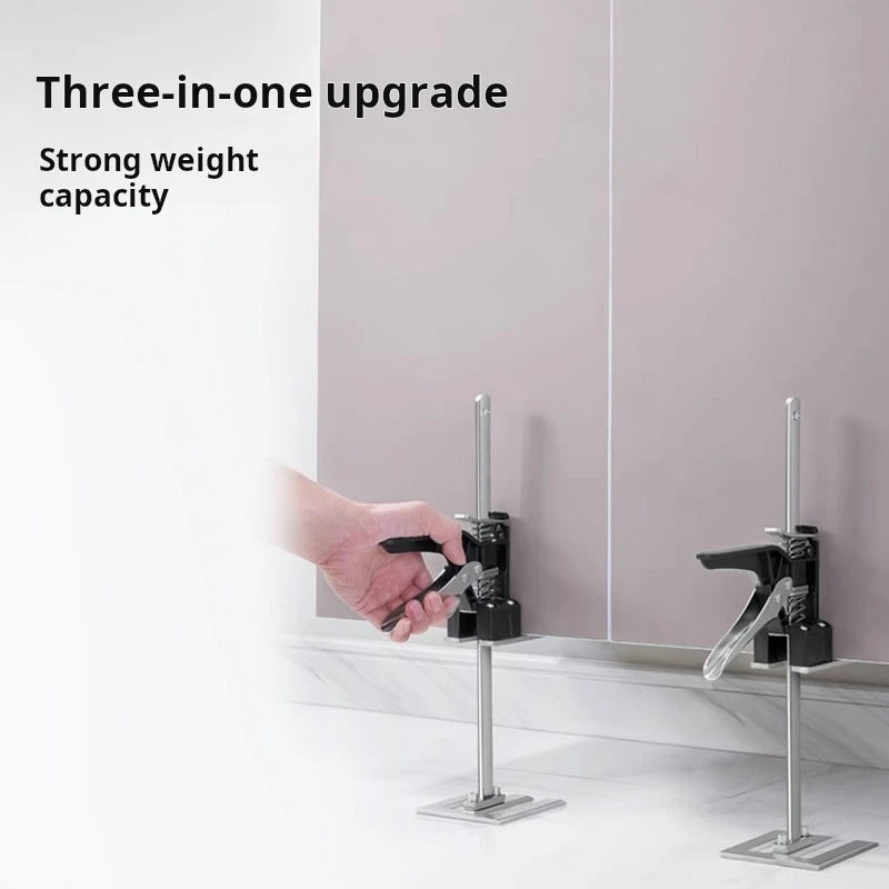 A hand is operating a three-in-one upgrade lifting bracket for heavy-duty furniture installation.