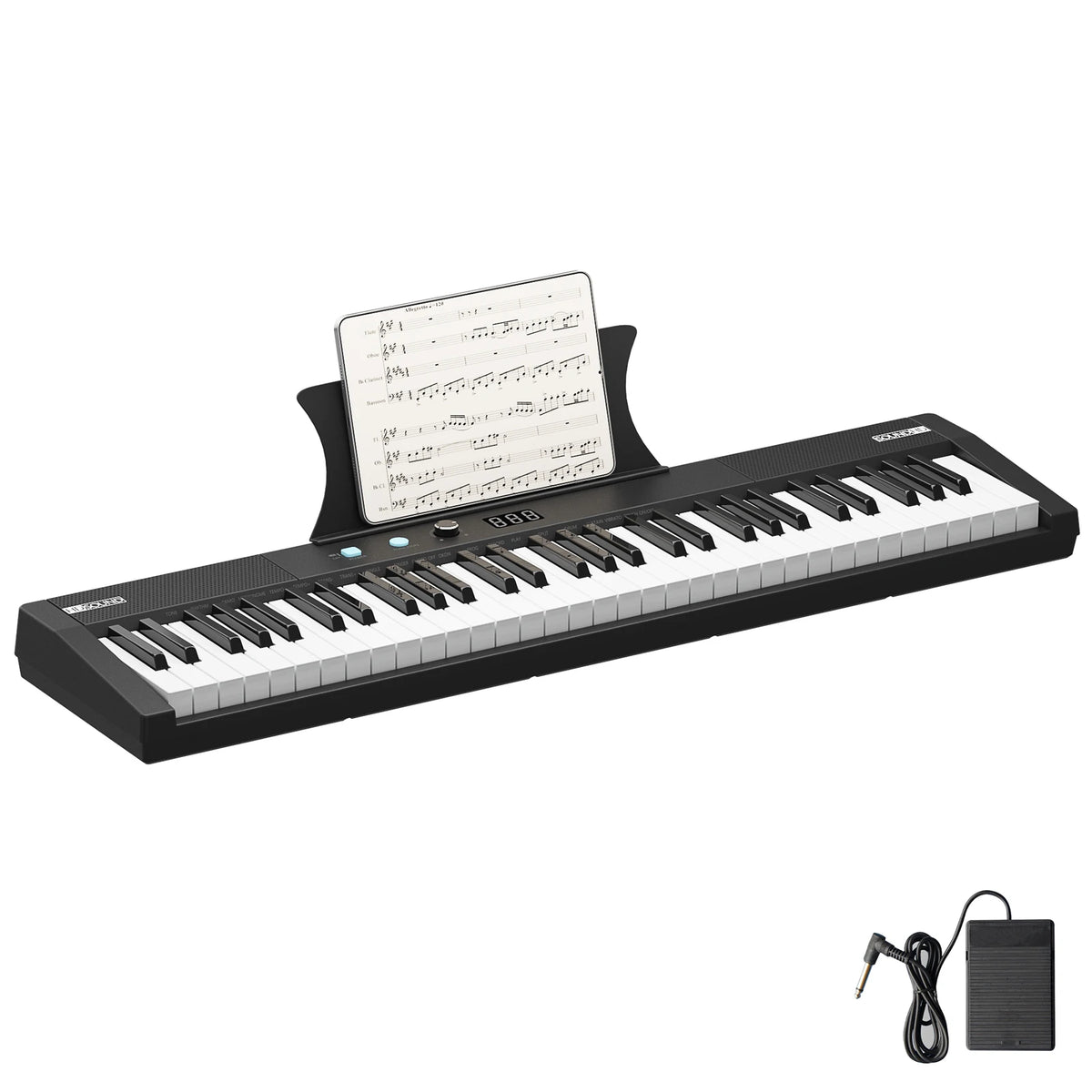 A black 61-key digital piano with a stand, bench, headphones, and pedal displayed on a white background.
