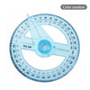 A stainless steel precision straight ruler with a circular scale marked in degrees and a random color.