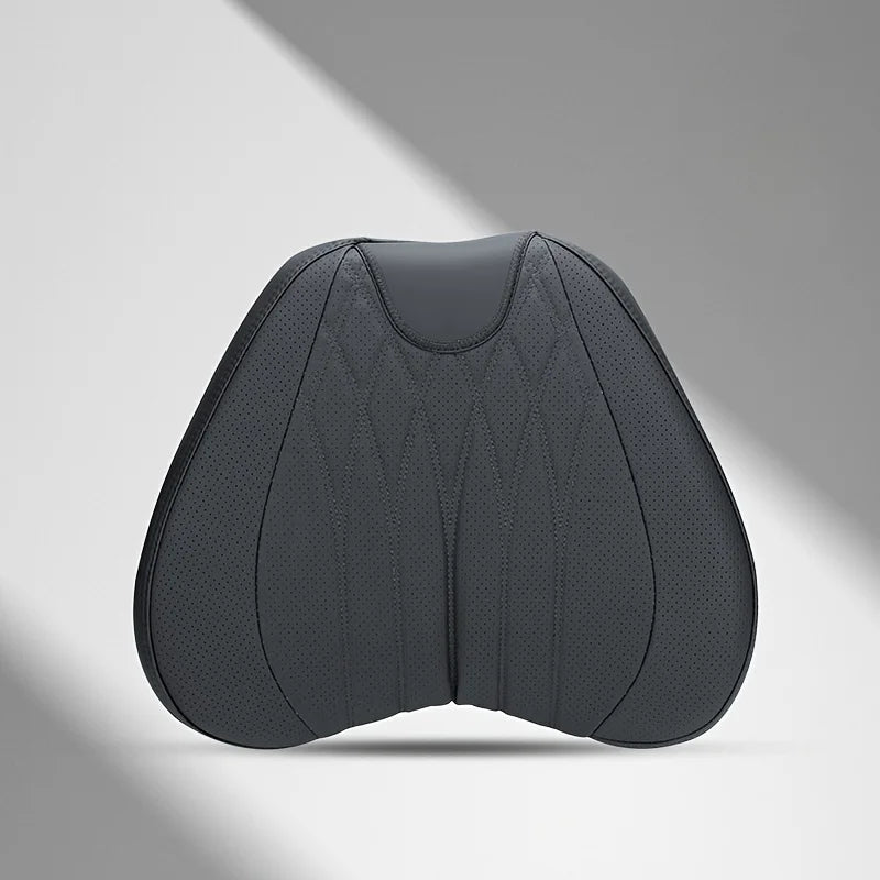 A dark gray memory foam lumbar support and neck pillow set shown from the back.