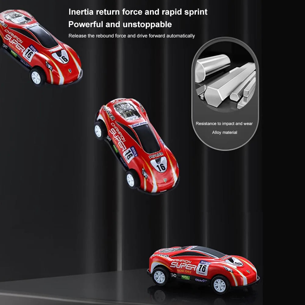 Red and black die-cast pull-back sports car model with accessories shown against a dark background.