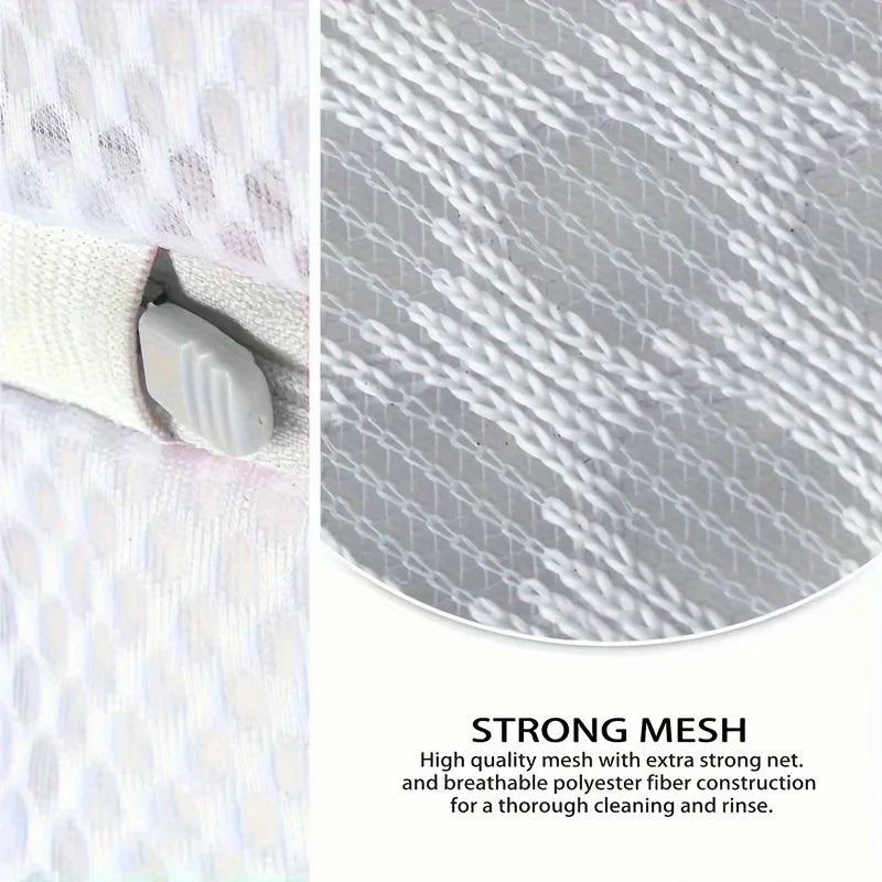 Close-up of a white mesh laundry bag with a reinforced edge showing the strong breathable polyester fiber construction.
