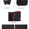 Black memory foam car headrest neck pillow showing back view, exquisite edging, adjustable strap, and detachable zipper desig