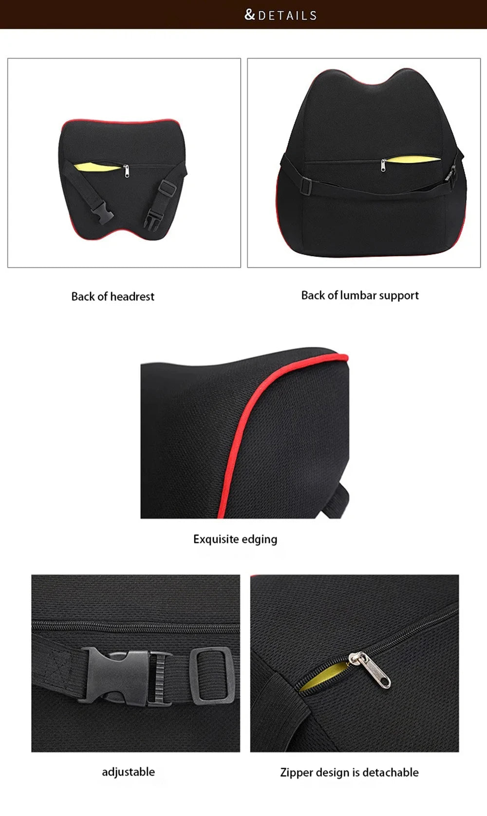 Black memory foam car headrest neck pillow showing back view, exquisite edging, adjustable strap, and detachable zipper desig