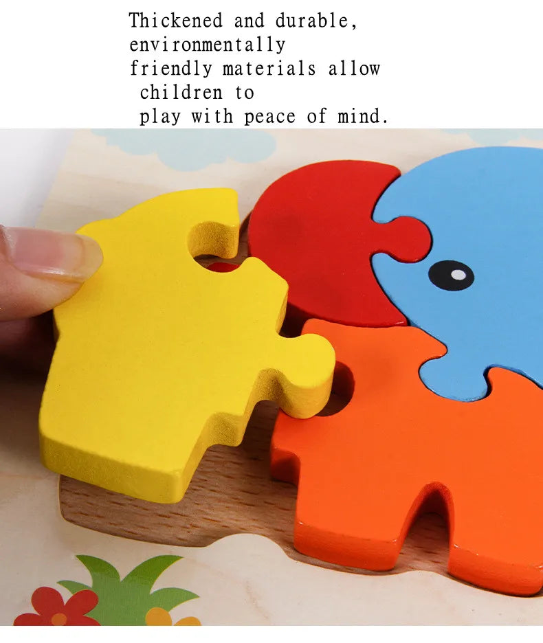 A hand is holding a yellow wooden puzzle piece next to red and blue puzzle pieces on a wooden surface.