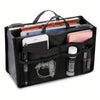 Black foldable oxford cloth makeup organizer bag holding various cosmetic and stationery items