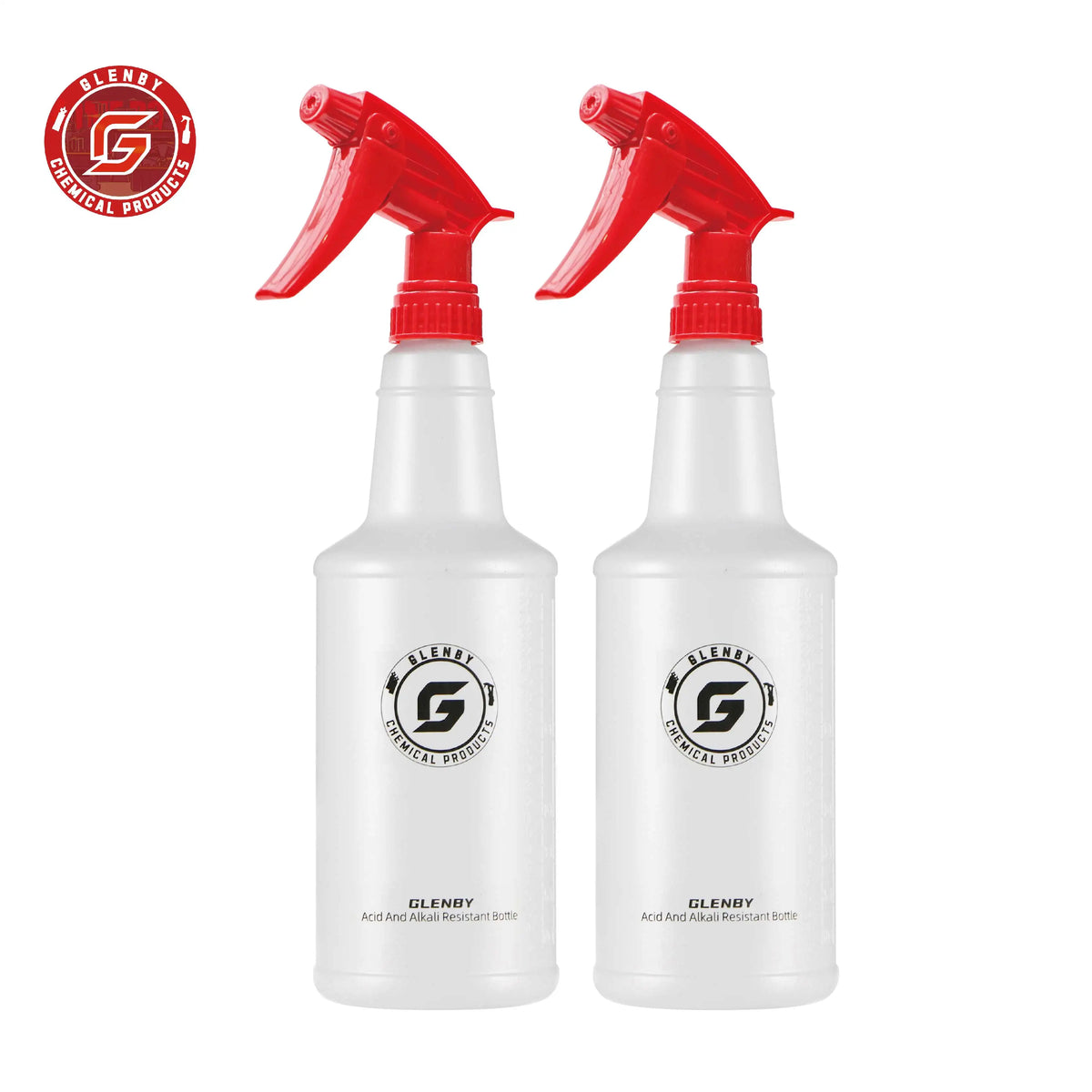 Two red Glenby chemical spray bottles with pumps shown against a white background.