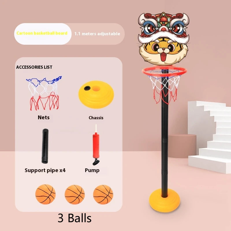 A cartoon-themed basketball hoop with a monkey face, including nets, chassis, pump, support pipes, and three balls.