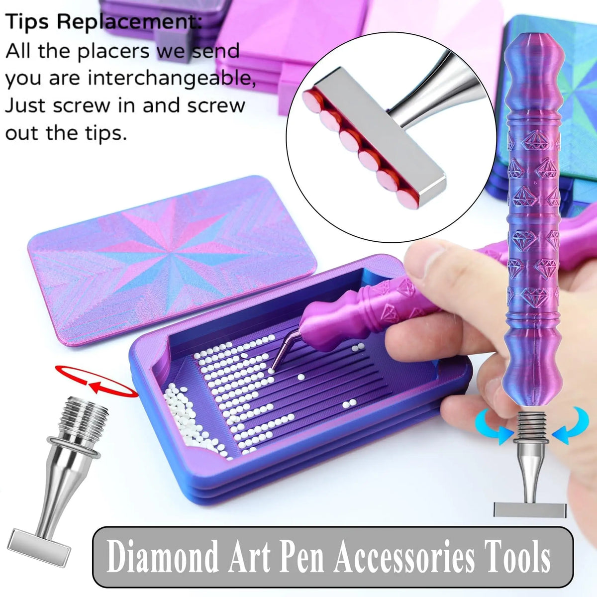Diamond art pen accessories tools showing interchangeable steel tips and a purple storage tray