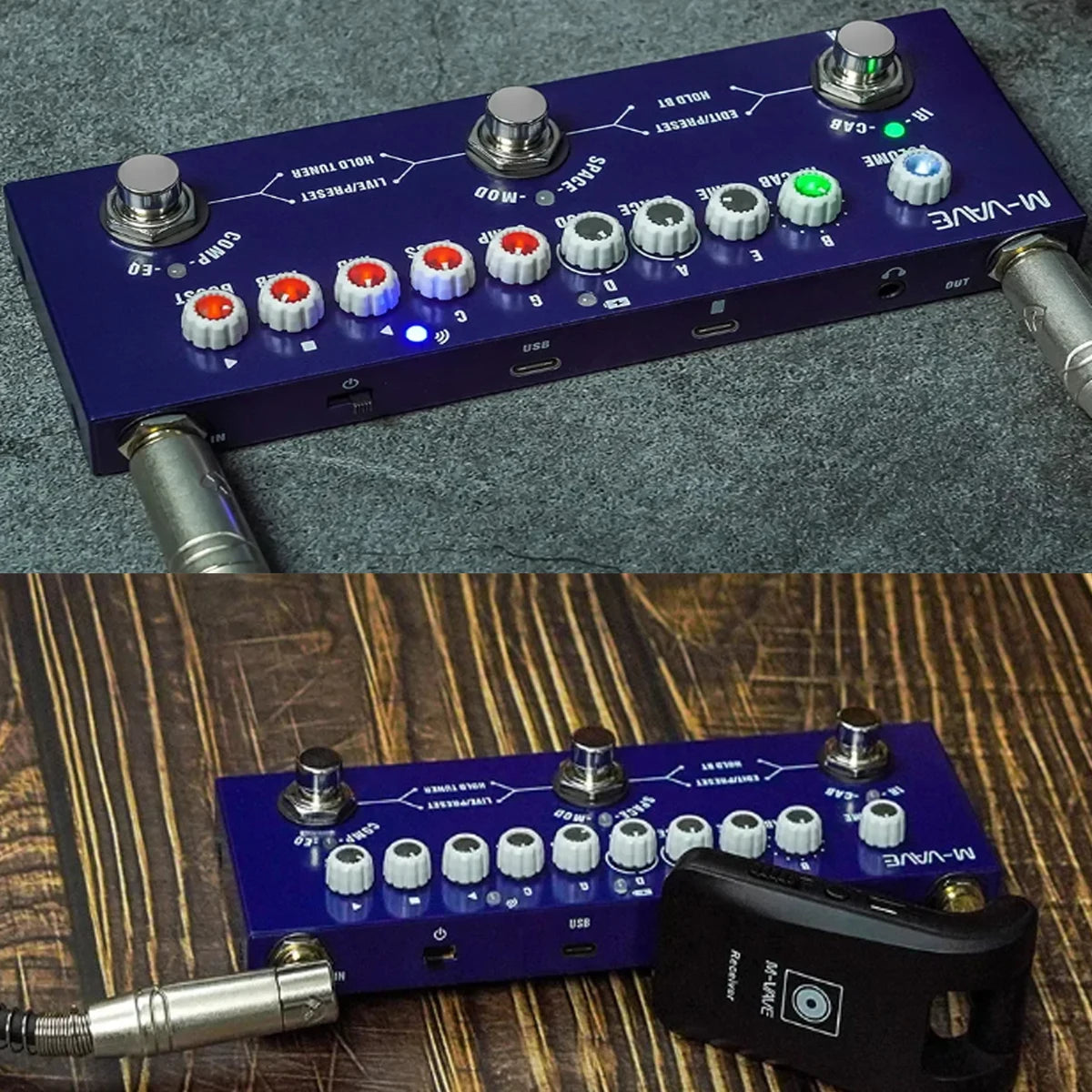 A blue M-AVE multi-effects guitar pedal with various knobs and an output jack resting on a wooden surface.
