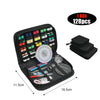 A black portable multi-function sewing kit box containing 128 pieces of threads, needles, and tools.