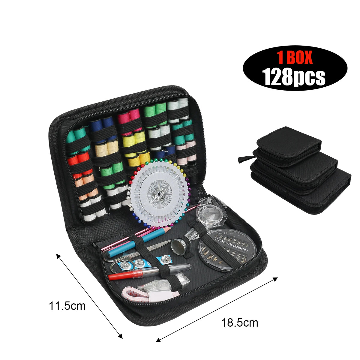 A black portable multi-function sewing kit box containing 128 pieces of threads, needles, and tools.