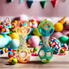 A collection of colorful easy-grasp baby rattle toys with soft teether beads displayed on a wooden surface.