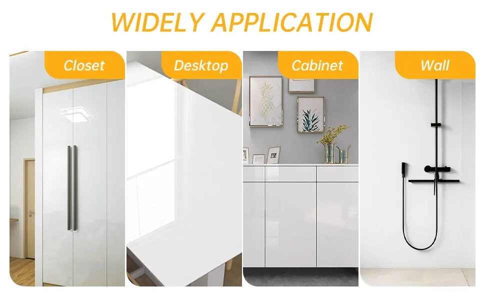 Pearl finish waterproof self-adhesive wallpaper applied to a closet, desktop, cabinet, and wall.