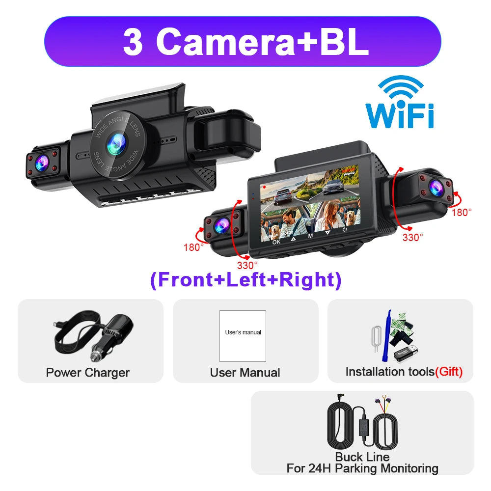 Black dash cam with WiFi and night vision features, shown alongside accessories like a power charger and installation tools.
