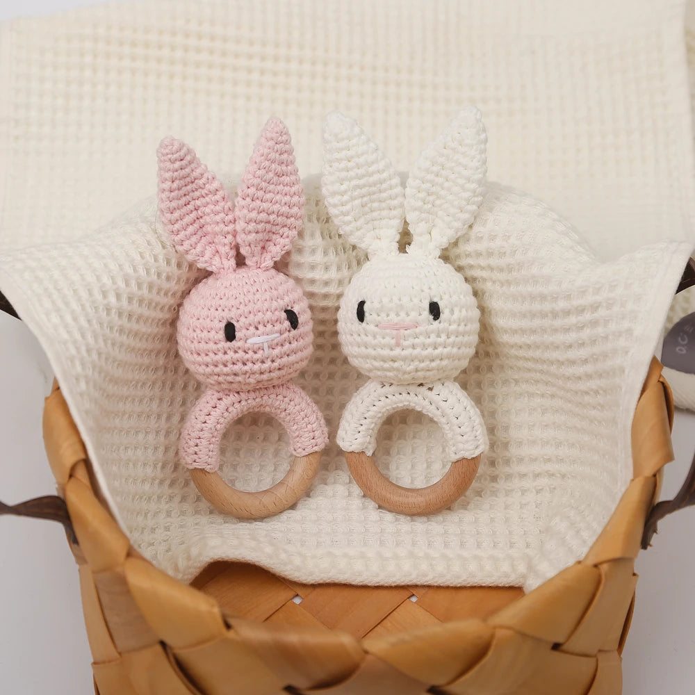 Handmade Crochet Bunny Rattle with Wooden Teether for Babies