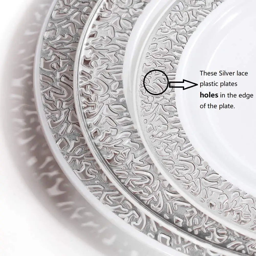 Elegant White Disposable Dinner Plates with Silver Lace Design