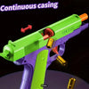 A bright green toy gun with a continuous casing is shown, featuring an automatic caliber mechanism.