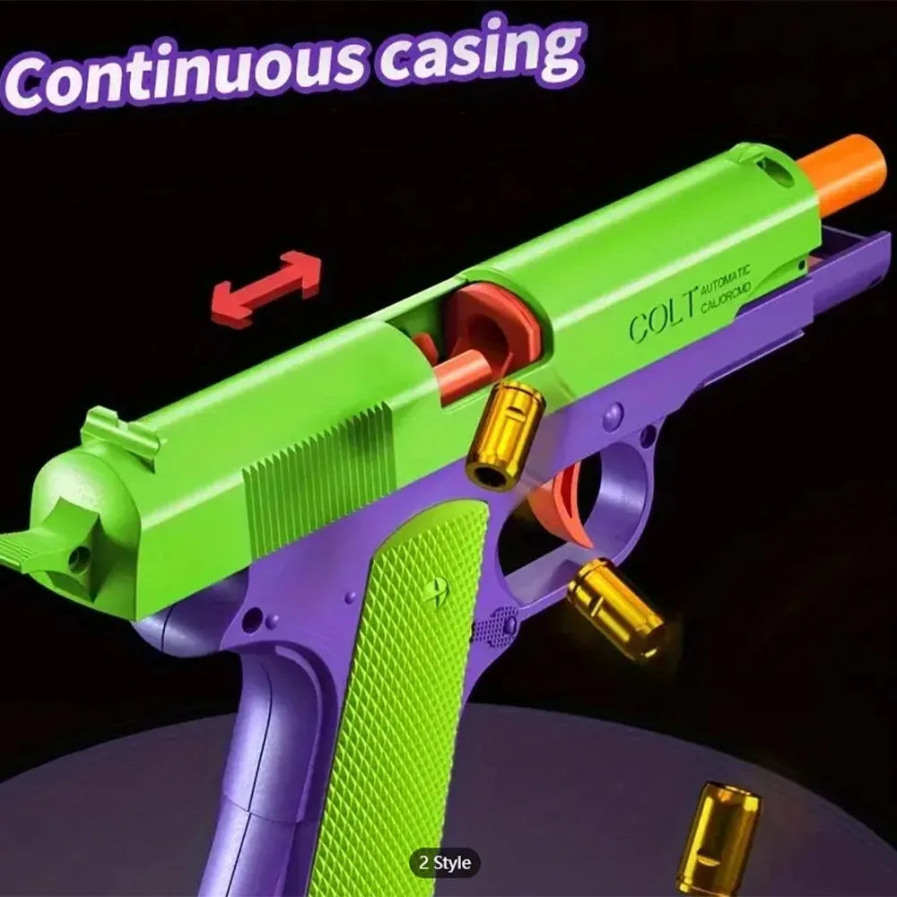 A bright green toy gun with a continuous casing is shown, featuring an automatic caliber mechanism.