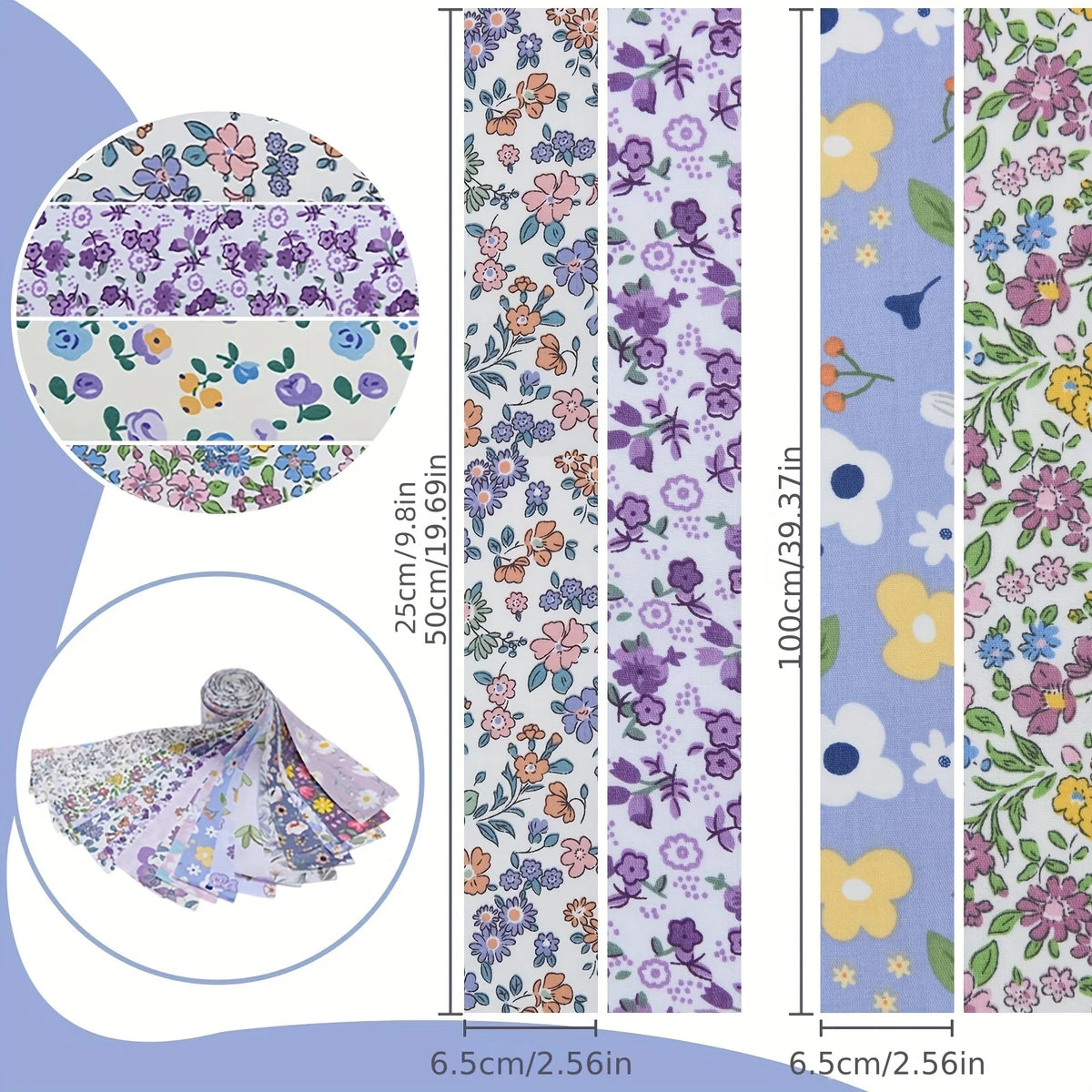 A set of pink cotton quilted fabric strips in various floral patterns and colors for DIY crafting.