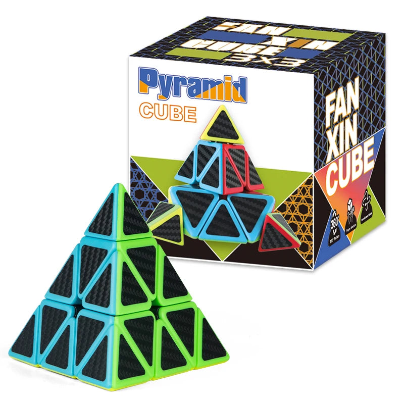 A black and neon green magnetic pyramid speed cube is shown next to its packaging box.
