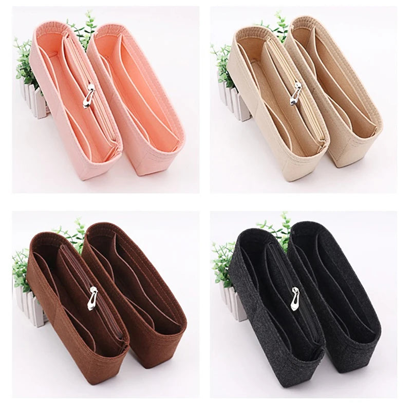 Set of felt bag organizers in pink, beige, and black with multiple pockets
