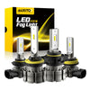 A box and several LED fog light bulbs with yellow illumination are displayed for automotive use.