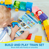 A baby is assembling a colorful farm animal counting train set with numbered sorting blocks.