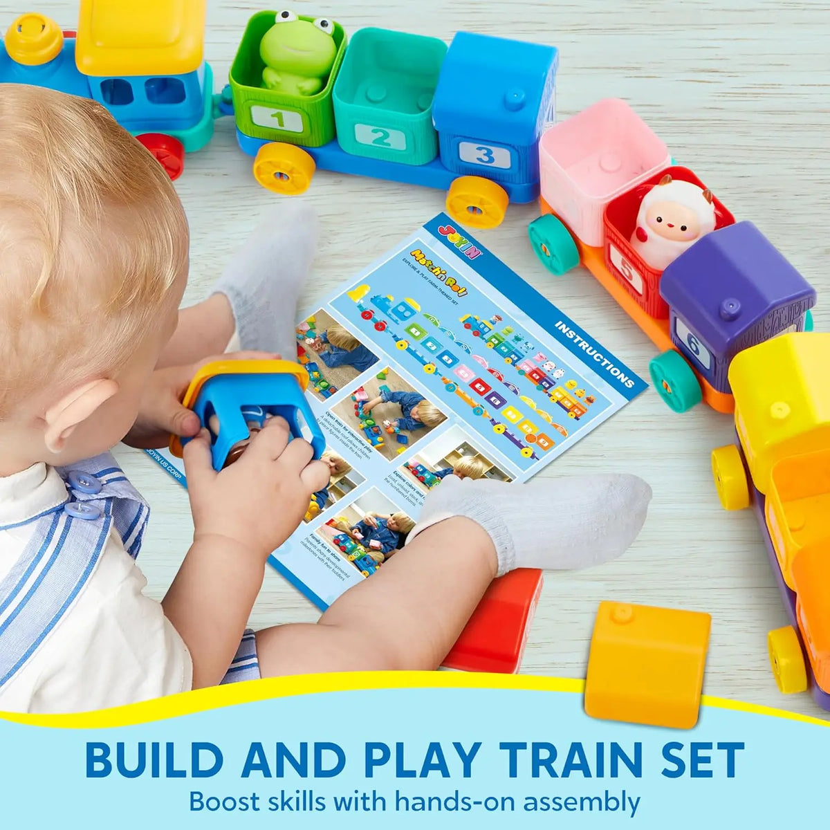 A baby is assembling a colorful farm animal counting train set with numbered sorting blocks.