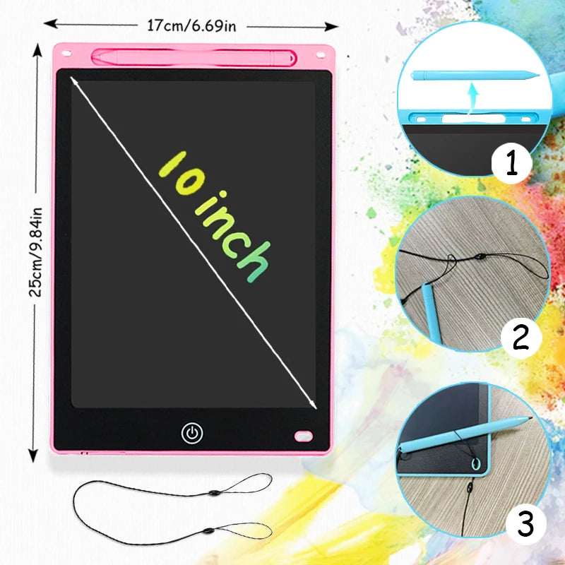 A pink LCD writing tablet showing a diagonal line, with accompanying stylus pen and usage diagrams.